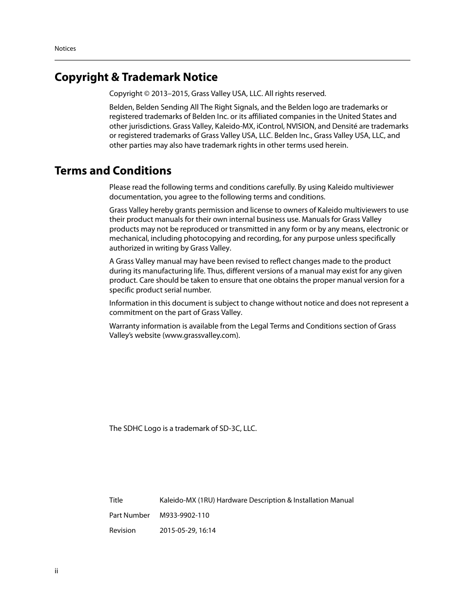 Copyright & trademark notice, Terms and conditions | Grass Valley Kaleido-MX (1RU) v.7.80 User Manual | Page 2 / 55