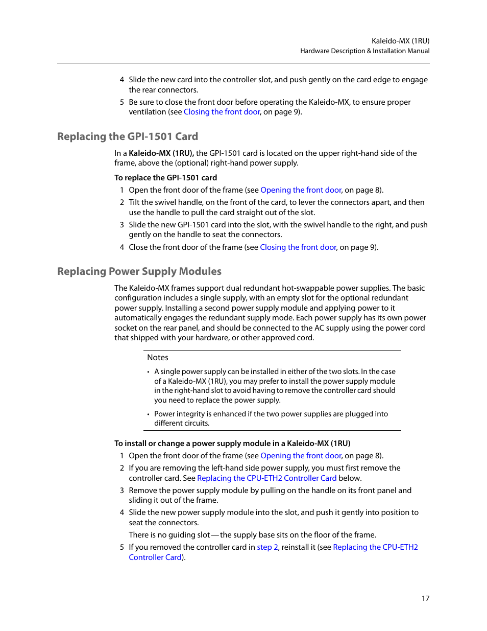 Replacing the gpi-1501 card, Replacing power supply modules | Grass Valley Kaleido-MX (1RU) v.7.80 User Manual | Page 31 / 55
