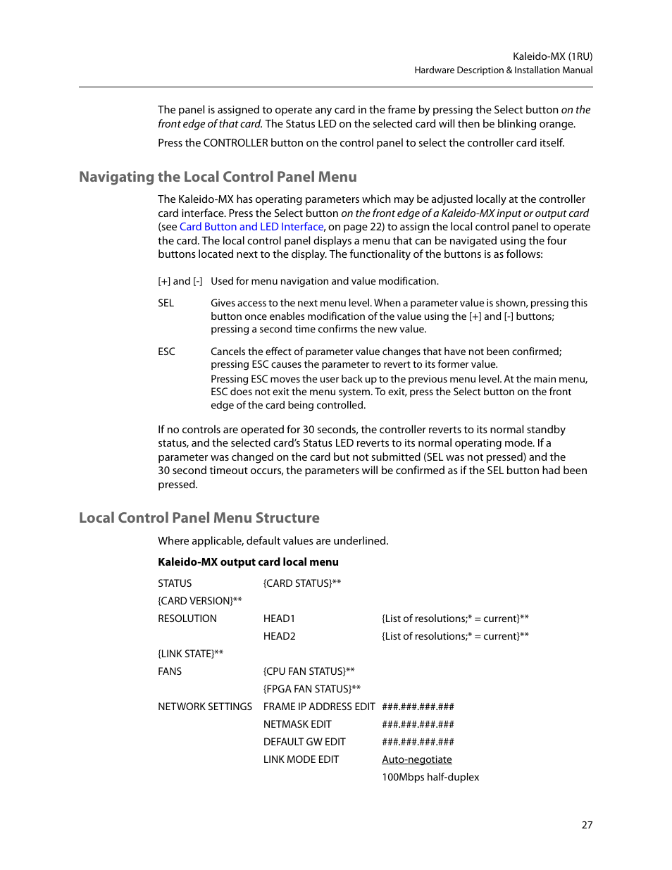 Navigating the local control panel menu, Local control panel menu structure | Grass Valley Kaleido-MX (1RU) v.7.80 User Manual | Page 41 / 55
