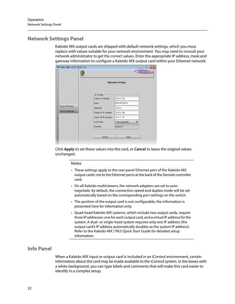 Network settings panel, Info panel, Network settings panel info panel | Grass Valley Kaleido-MX (1RU) v.7.80 User Manual | Page 46 / 55