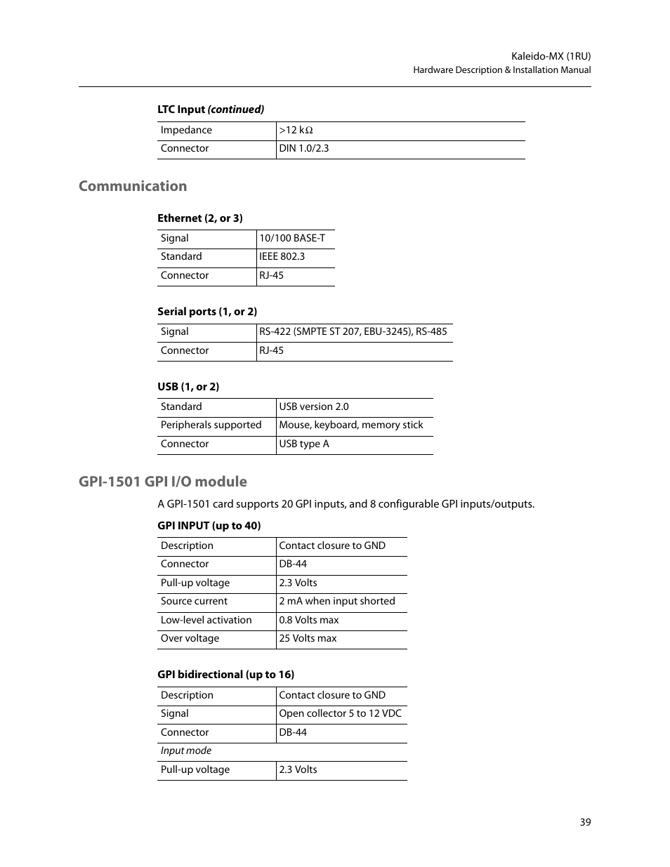 Communication, Gpi-1501 gpi i/o module, Communication gpi-1501 gpi i/o module | Serial ports (1, or 2) | Grass Valley Kaleido-MX (1RU) v.7.80 User Manual | Page 53 / 55