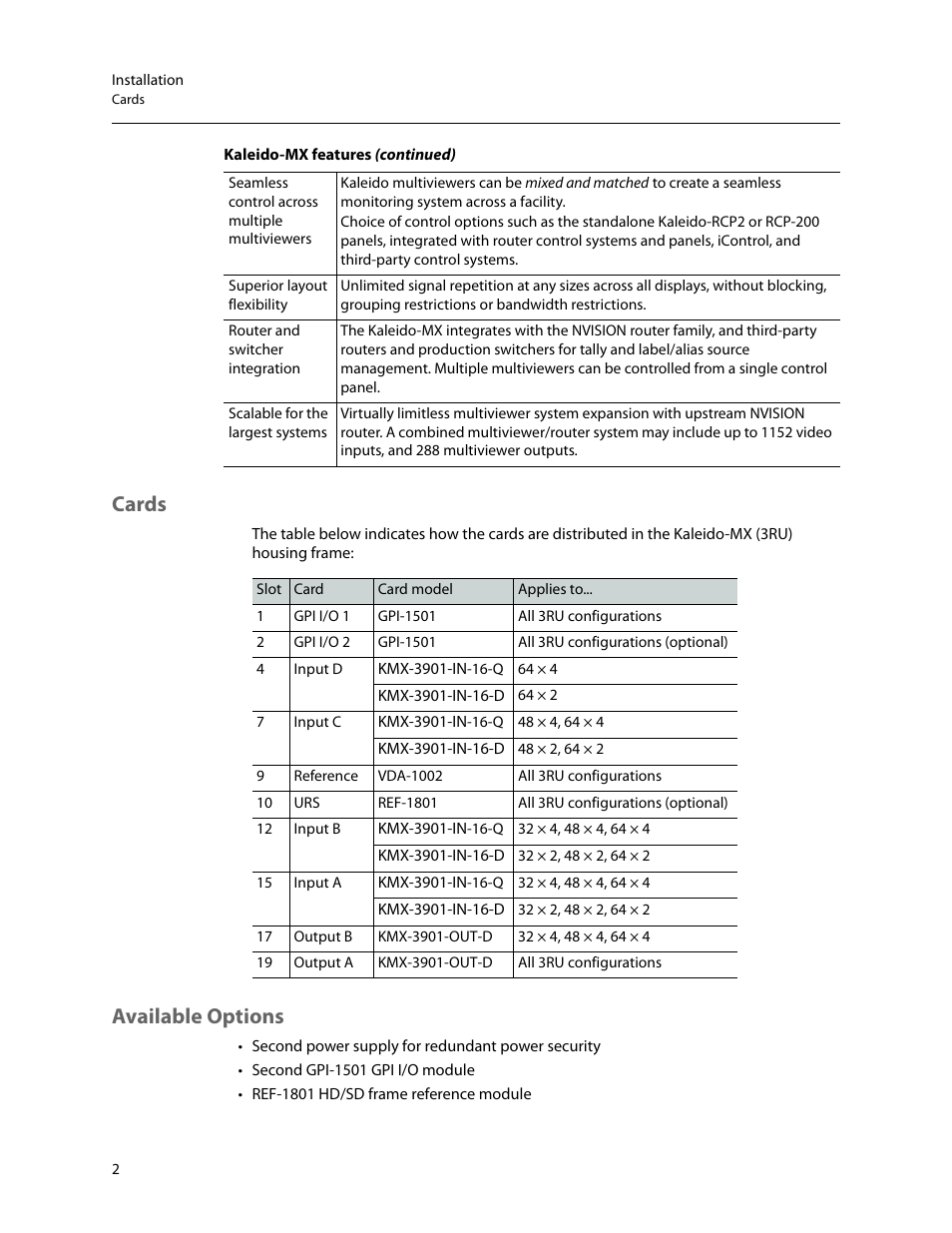 Cards, Available options, Cards available options | Grass Valley Kaleido-MX (3RU) v.7.80 User Manual | Page 16 / 55