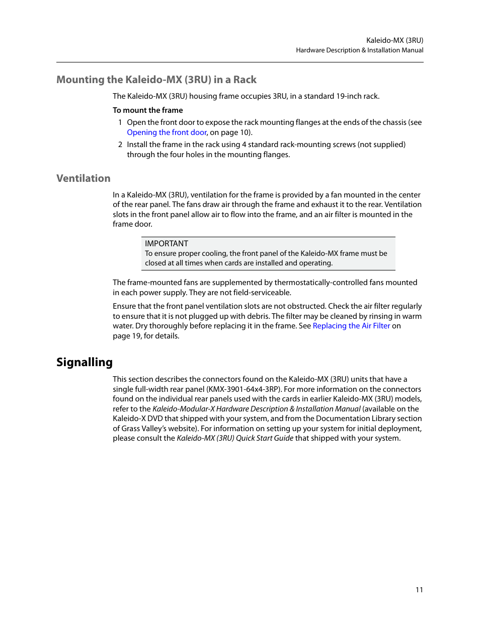 Mounting the kaleido-mx (3ru) in a rack, Ventilation, Signalling | Grass Valley Kaleido-MX (3RU) v.7.80 User Manual | Page 25 / 55