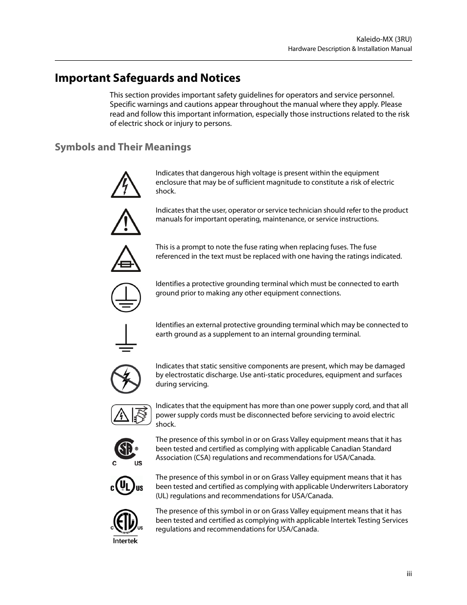 Important safeguards and notices, Symbols and their meanings | Grass Valley Kaleido-MX (3RU) v.7.80 User Manual | Page 3 / 55