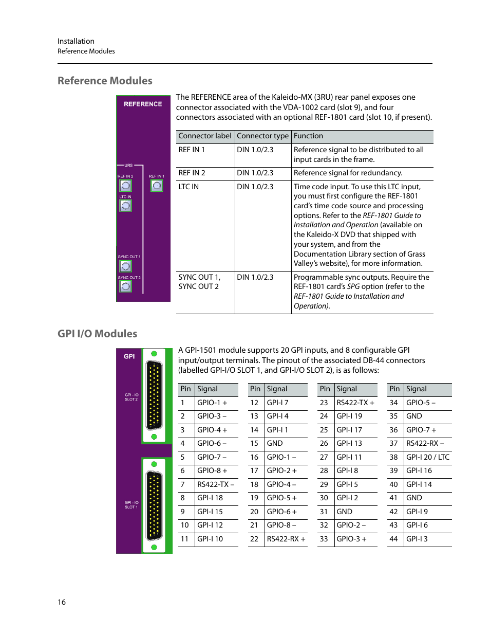 Reference modules, Gpi i/o modules, Reference modules gpi i/o modules | Grass Valley Kaleido-MX (3RU) v.7.80 User Manual | Page 30 / 55