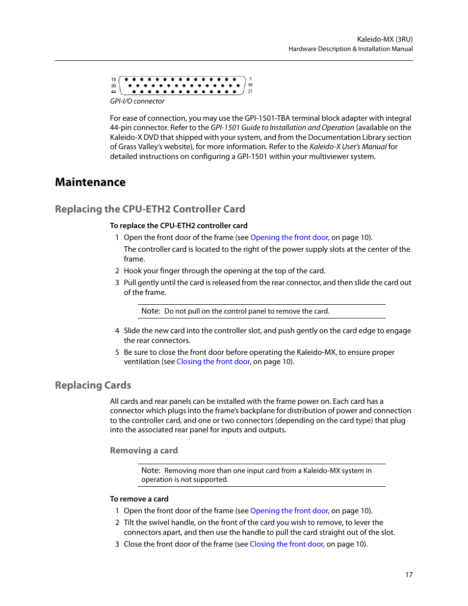 Maintenance, Replacing the cpu-eth2 controller card, Replacing cards | Removing a card | Grass Valley Kaleido-MX (3RU) v.7.80 User Manual | Page 31 / 55