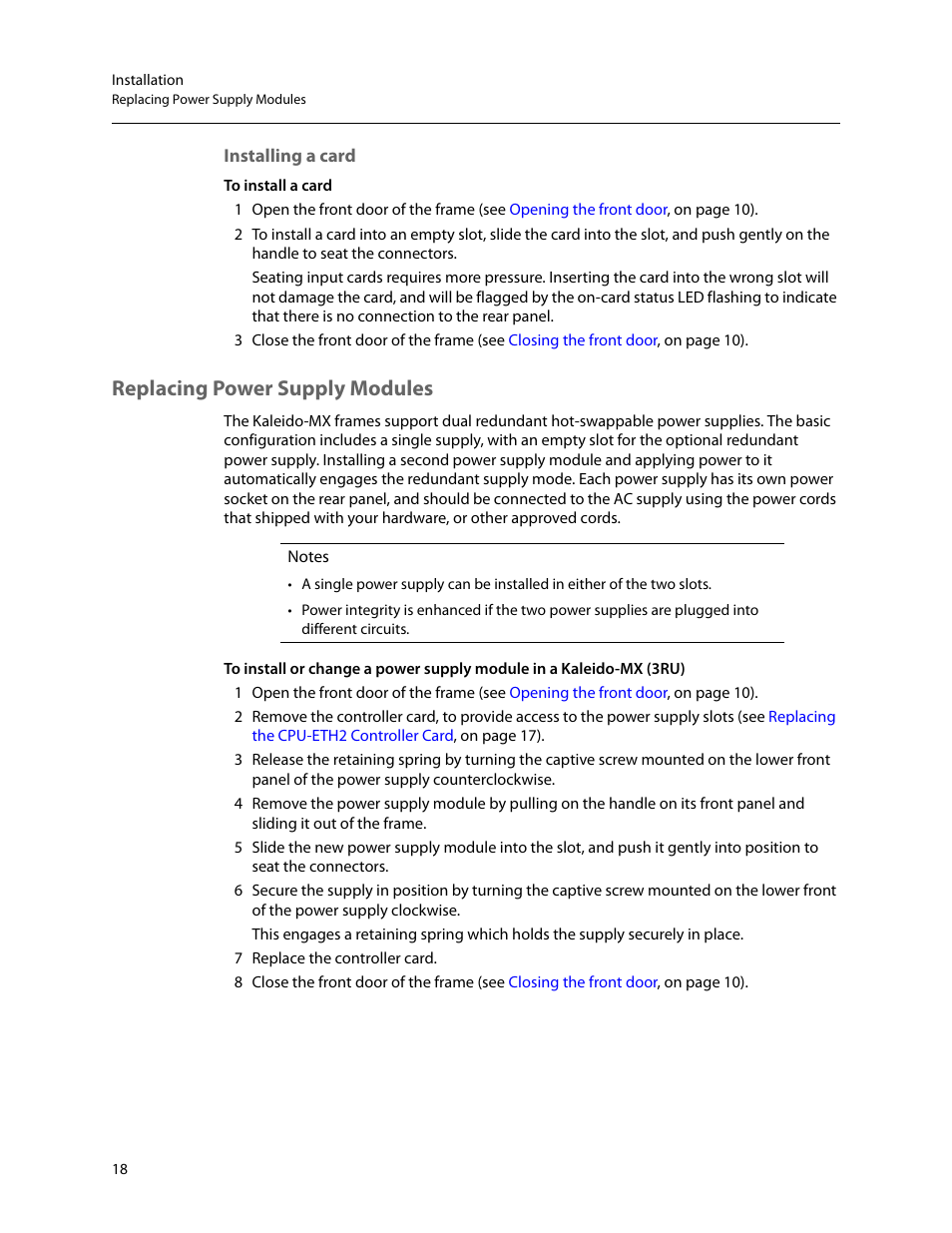 Installing a card, Replacing power supply modules | Grass Valley Kaleido-MX (3RU) v.7.80 User Manual | Page 32 / 55