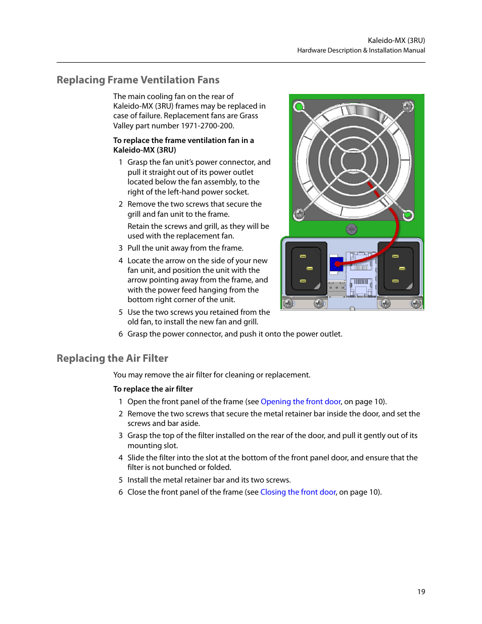 Replacing frame ventilation fans, Replacing the air filter | Grass Valley Kaleido-MX (3RU) v.7.80 User Manual | Page 33 / 55