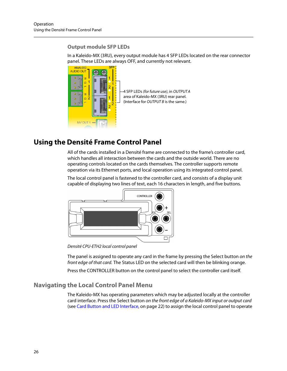 Using the densité frame control panel, Navigating the local control panel menu, Using the densité frame control | Panel, Using the densité, Frame control panel | Grass Valley Kaleido-MX (3RU) v.7.80 User Manual | Page 40 / 55