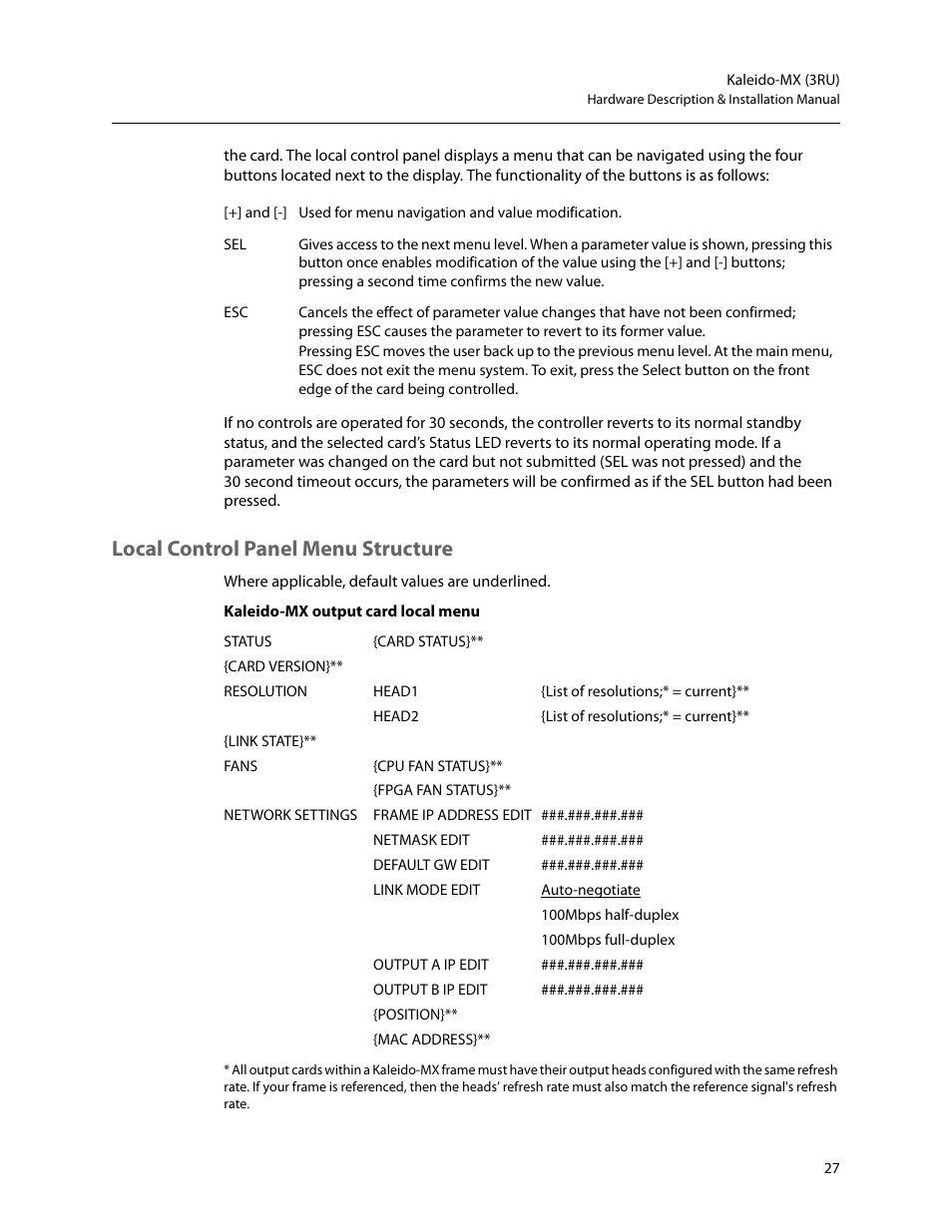 Local control panel menu structure | Grass Valley Kaleido-MX (3RU) v.7.80 User Manual | Page 41 / 55