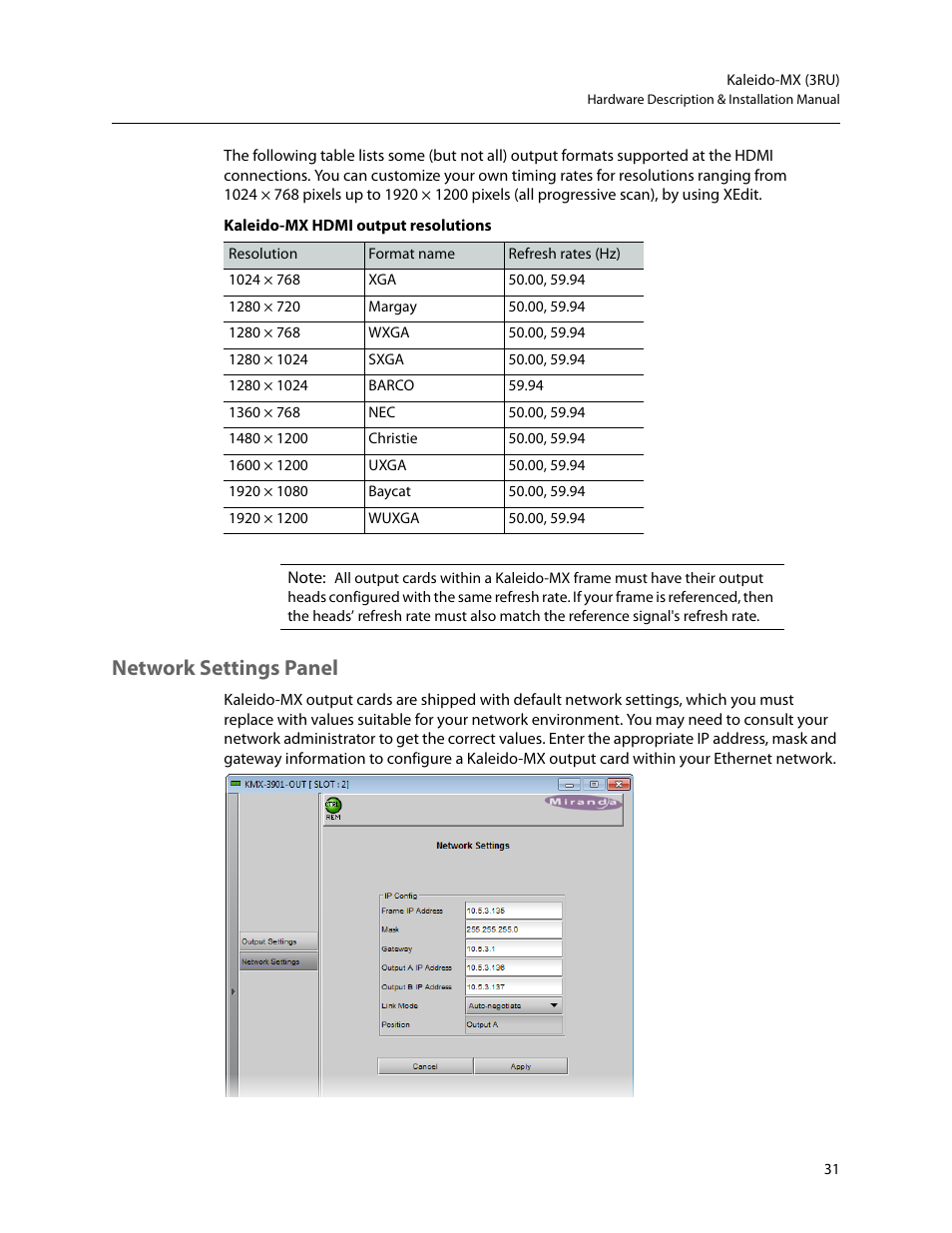 Network settings panel | Grass Valley Kaleido-MX (3RU) v.7.80 User Manual | Page 45 / 55