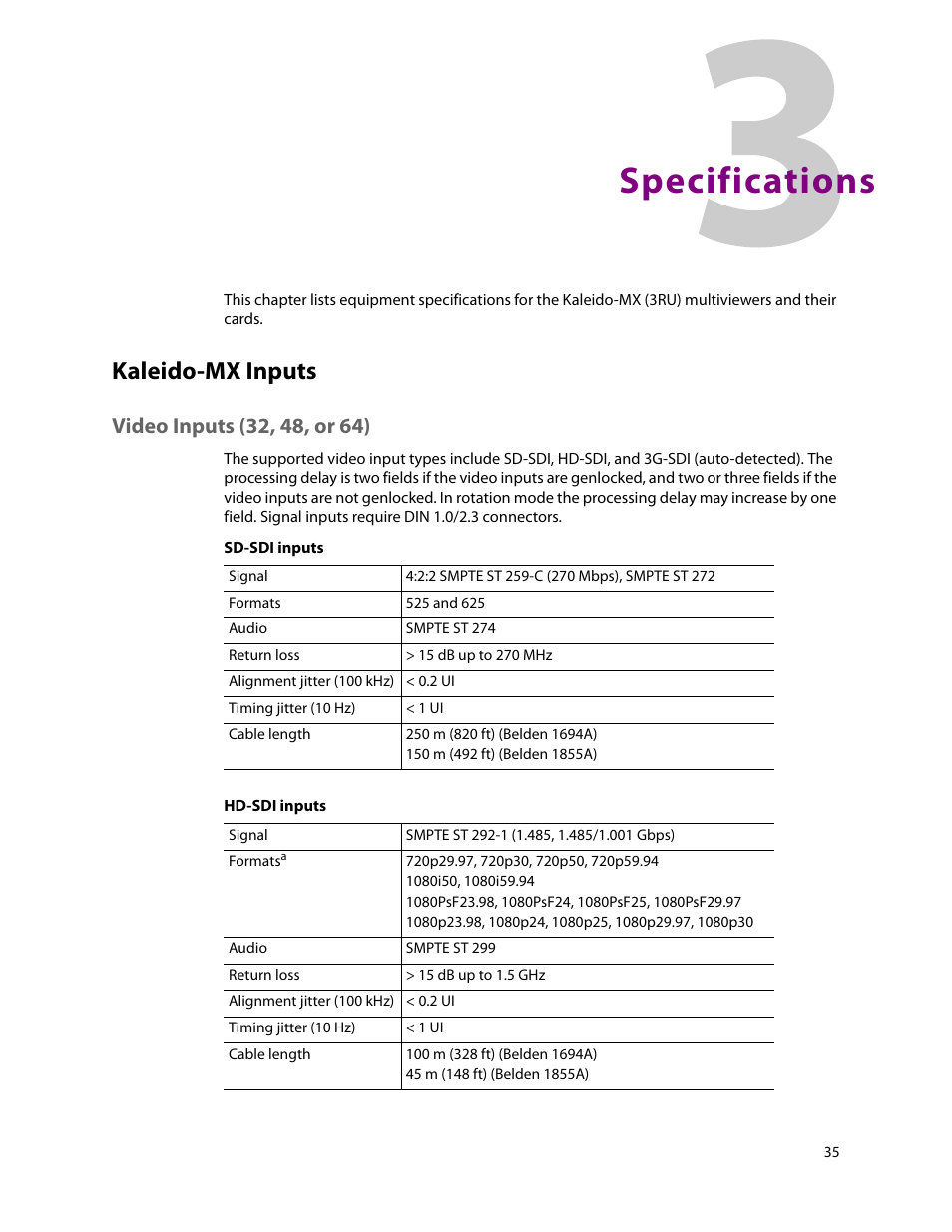 Specifications, Kaleido-mx inputs, Video inputs (32, 48, or 64) | 3 specifications | Grass Valley Kaleido-MX (3RU) v.7.80 User Manual | Page 49 / 55