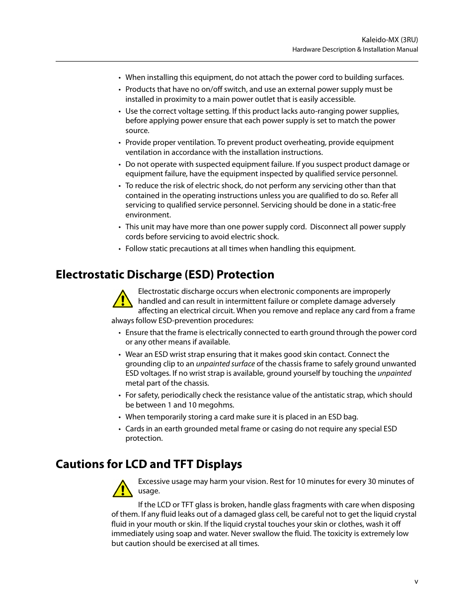 Electrostatic discharge (esd) protection, Cautions for lcd and tft displays | Grass Valley Kaleido-MX (3RU) v.7.80 User Manual | Page 5 / 55