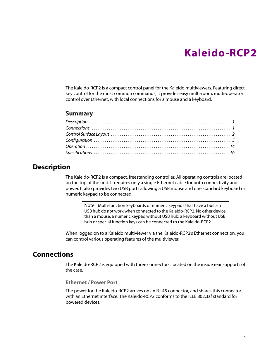 Kaleido-rcp2, Description, Connections | Ethernet / power port | Grass Valley Kaleido-RCP2 Dec 16 2014 User Manual | Page 11 / 27