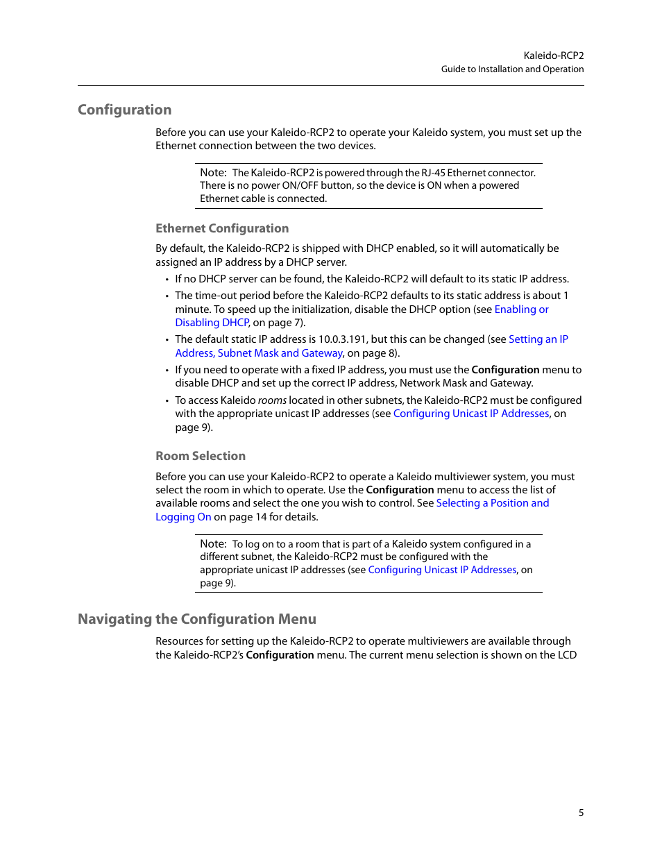 Configuration, Ethernet configuration, Room selection | Navigating the configuration menu | Grass Valley Kaleido-RCP2 Dec 16 2014 User Manual | Page 15 / 27