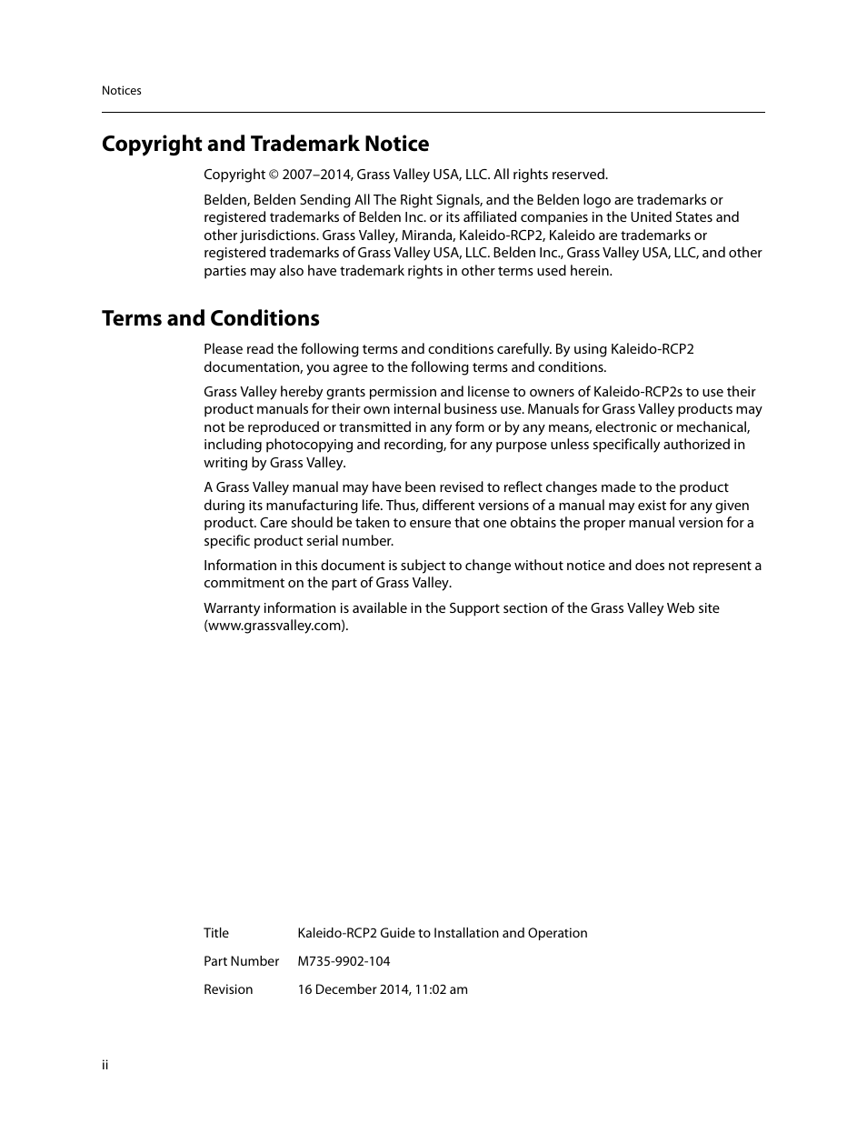 Copyright and trademark notice, Terms and conditions | Grass Valley Kaleido-RCP2 Dec 16 2014 User Manual | Page 2 / 27