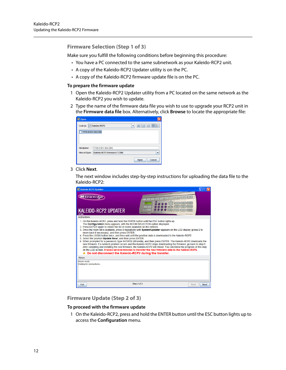 Firmware selection (step 1 of 3), Firmware update (step 2 of 3) | Grass Valley Kaleido-RCP2 Dec 16 2014 User Manual | Page 22 / 27