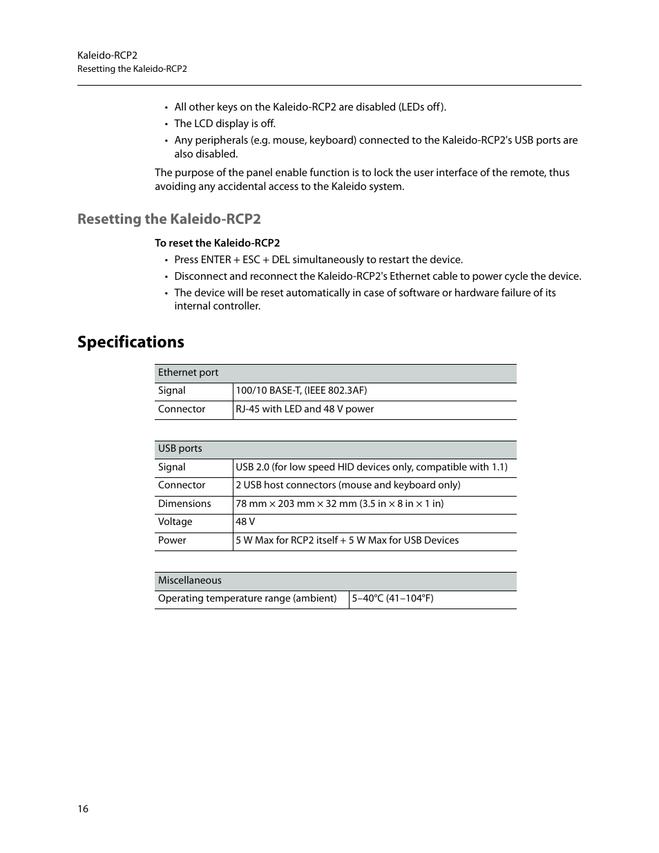 Resetting the kaleido-rcp2, Specifications | Grass Valley Kaleido-RCP2 Dec 16 2014 User Manual | Page 26 / 27