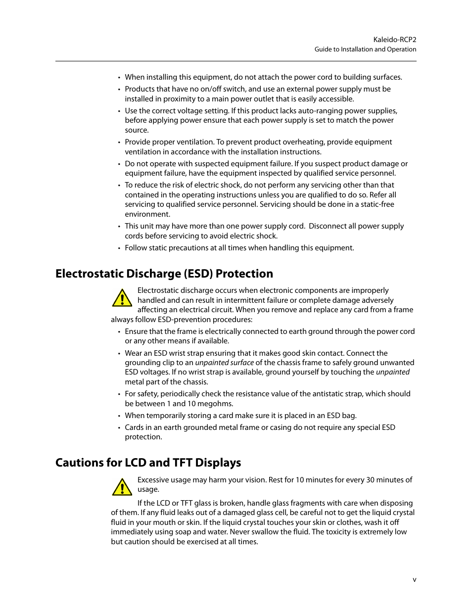 Electrostatic discharge (esd) protection, Cautions for lcd and tft displays | Grass Valley Kaleido-RCP2 Dec 16 2014 User Manual | Page 5 / 27