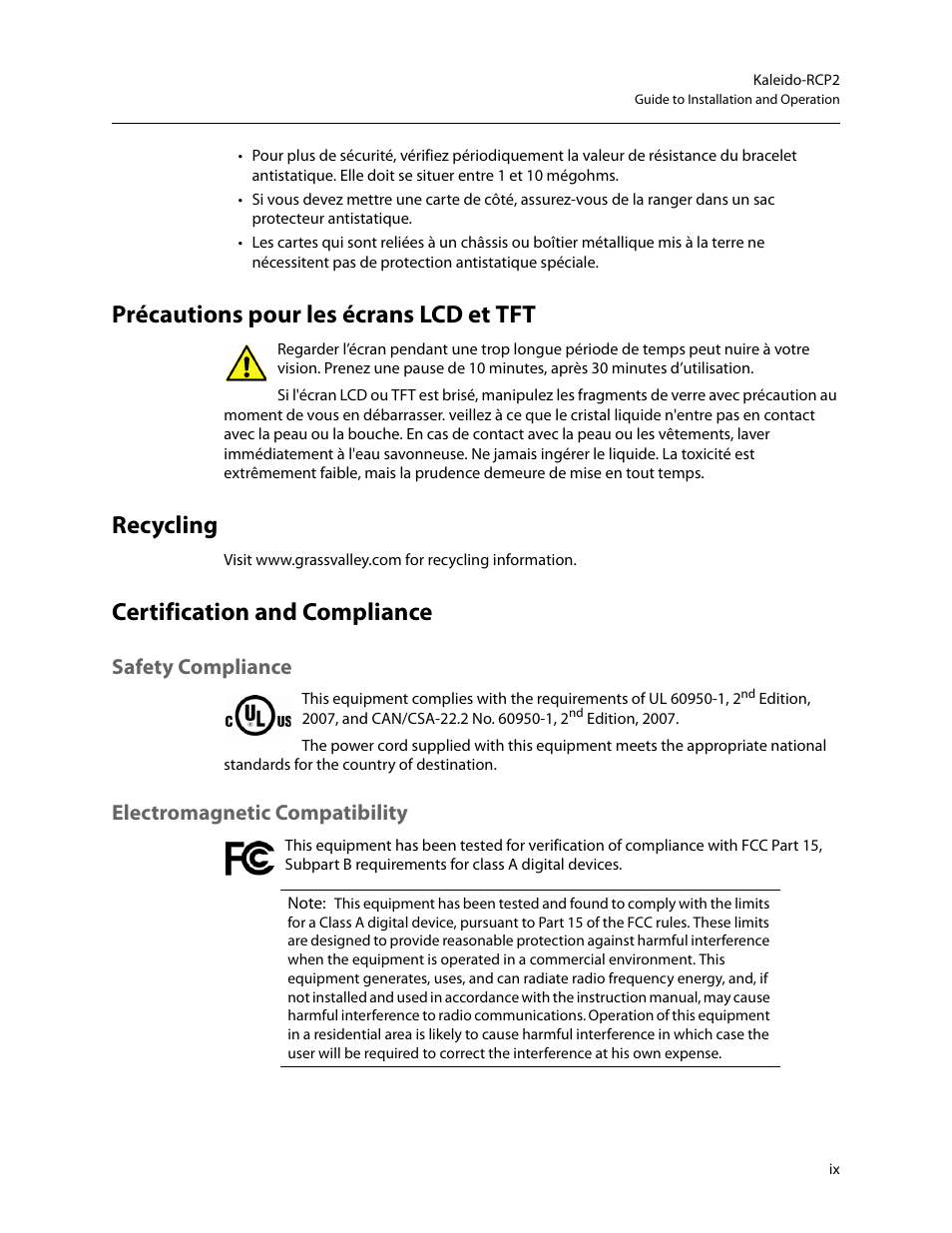 Précautions pour les écrans lcd et tft, Recycling, Certification and compliance | Safety compliance, Electromagnetic compatibility | Grass Valley Kaleido-RCP2 Dec 16 2014 User Manual | Page 9 / 27