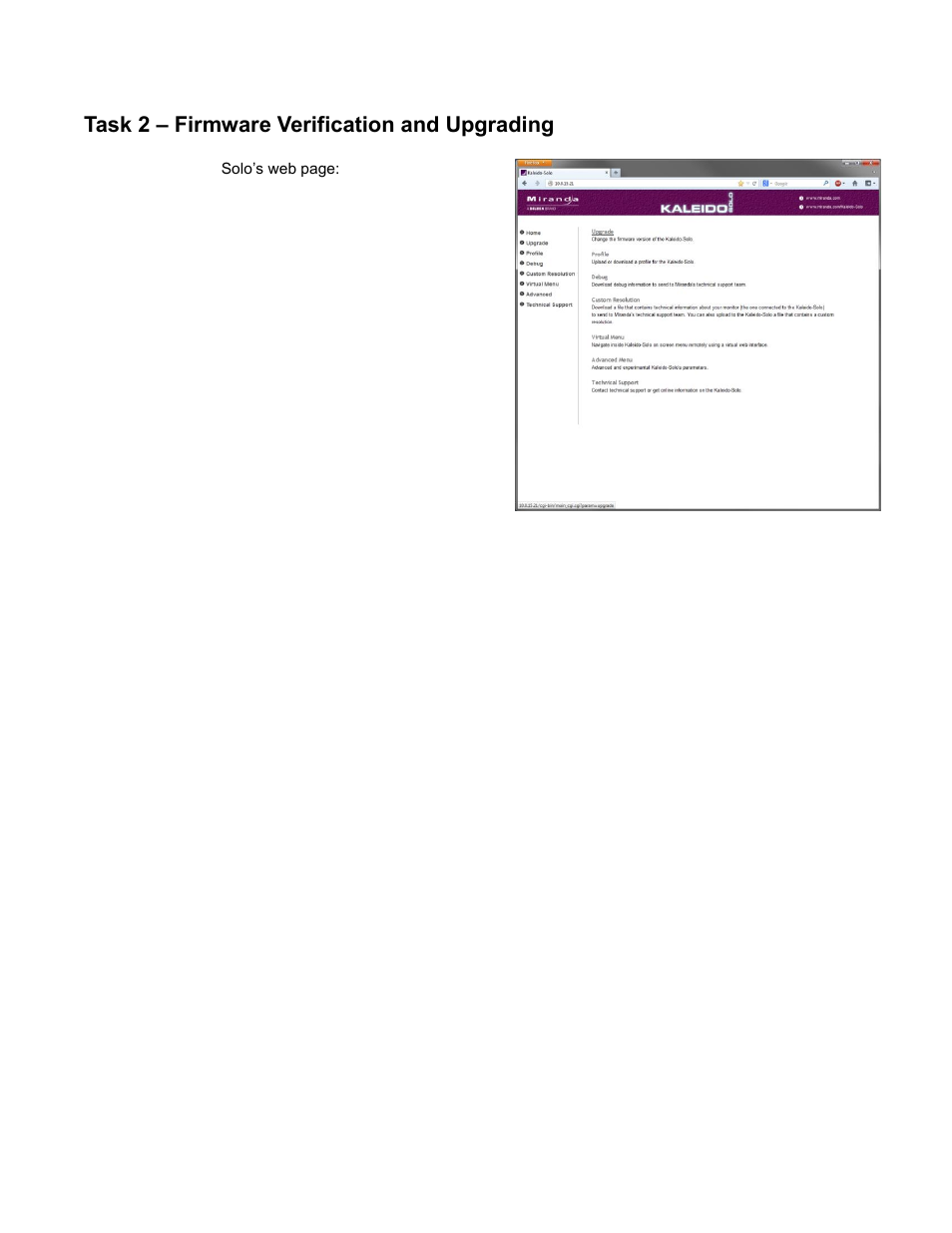 Task 2, Firmware verification and upgrading, Task 2 – firmware verification and upgrading | Grass Valley Kaleido-Solo Quick Start User Manual | Page 7 / 22