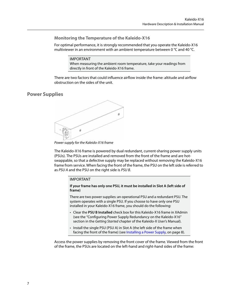 Monitoring the temperature of the kaleido-x16, Power supplies | Grass Valley Kaleido-X16 Installation v.7.70 User Manual | Page 19 / 45