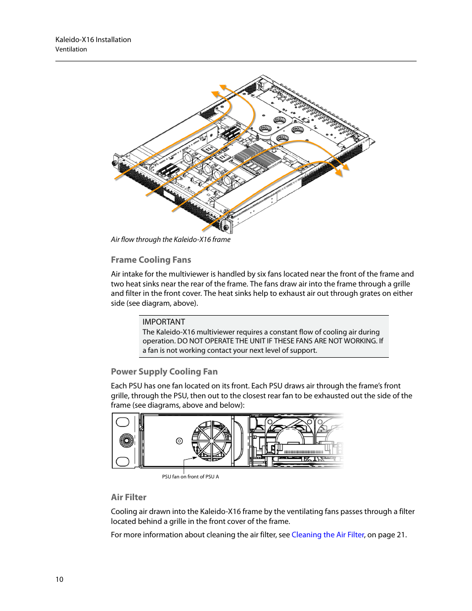 Frame cooling fans, Power supply cooling fan, Air filter | Grass Valley Kaleido-X16 Installation v.7.70 User Manual | Page 22 / 45
