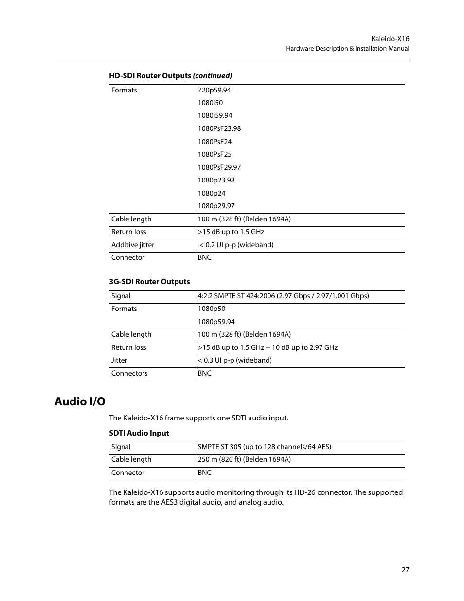 Audio i/o, Sdti audio input | Grass Valley Kaleido-X16 Installation v.7.70 User Manual | Page 39 / 45