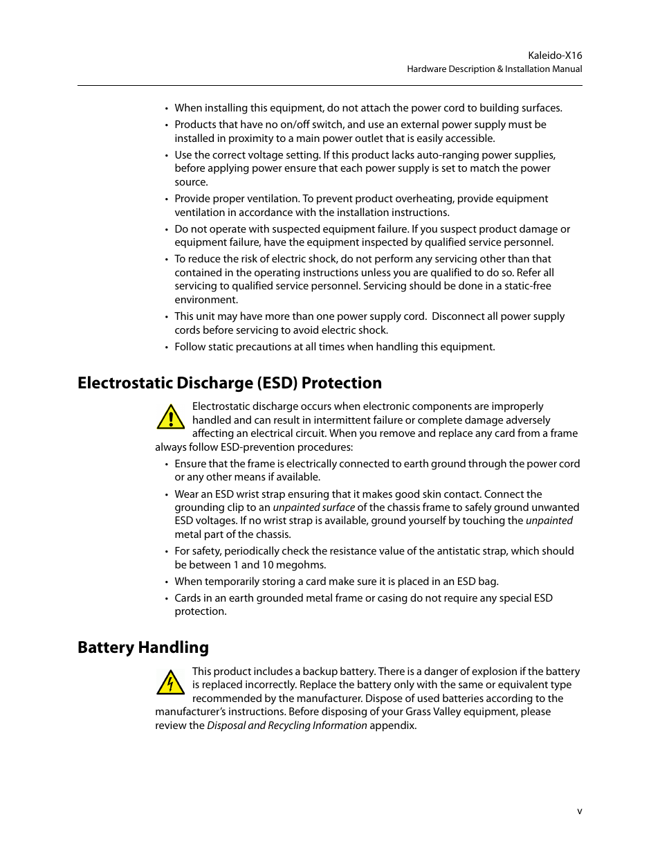Electrostatic discharge (esd) protection, Battery handling | Grass Valley Kaleido-X16 Installation v.7.70 User Manual | Page 5 / 45