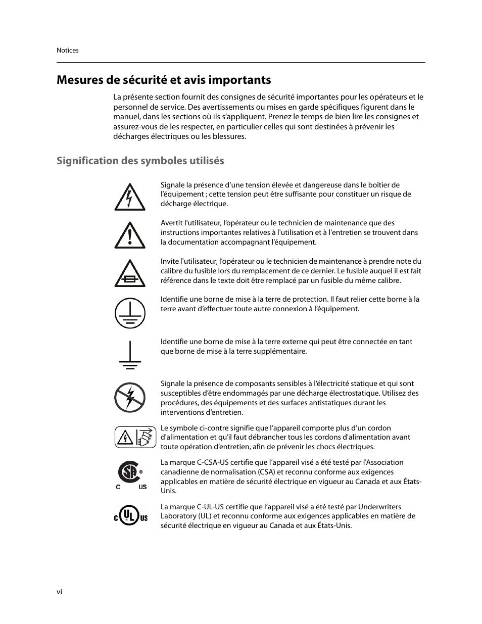 Mesures de sécurité et avis importants, Signification des symboles utilisés | Grass Valley Kaleido-X16 Installation v.7.70 User Manual | Page 6 / 45