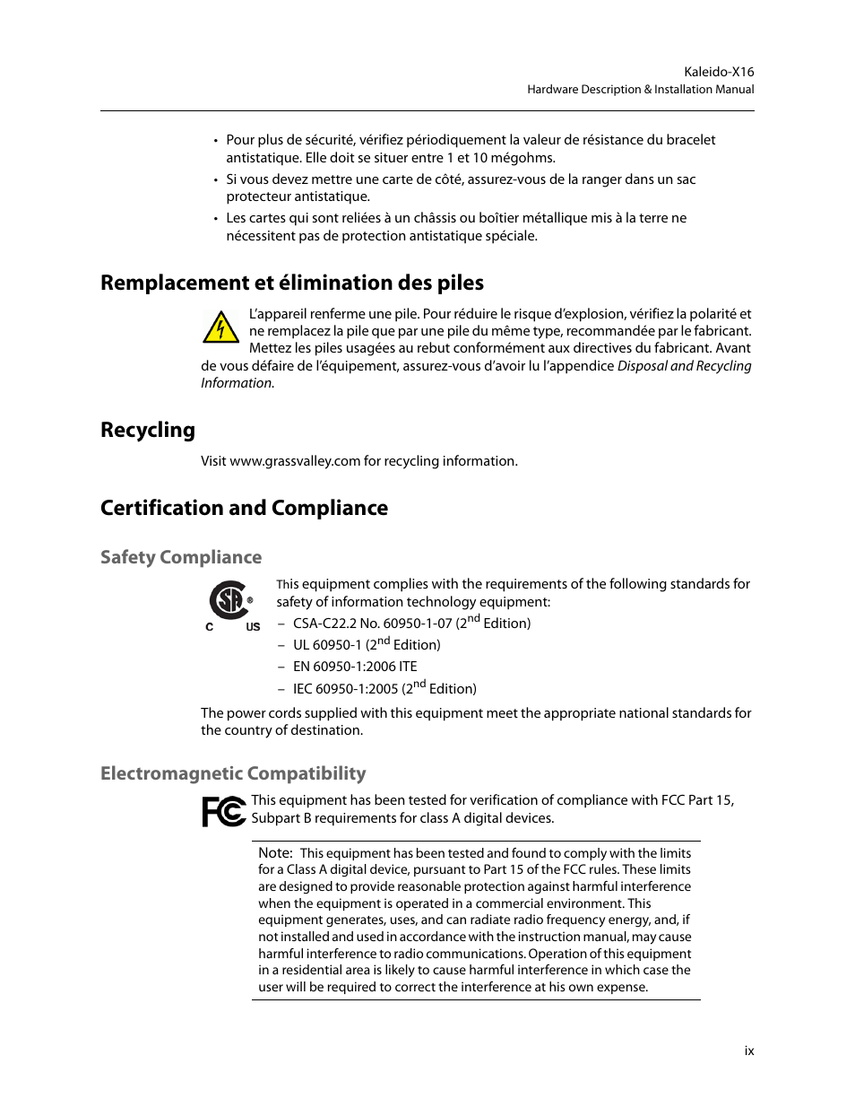 Remplacement et élimination des piles, Recycling, Certification and compliance | Safety compliance, Electromagnetic compatibility | Grass Valley Kaleido-X16 Installation v.7.70 User Manual | Page 9 / 45