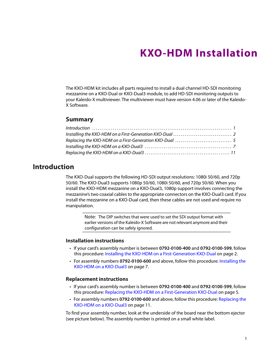 Kxo-hdm installation, Introduction, Summary | Grass Valley KXO-HDM Dec 20 2012 User Manual | Page 5 / 19