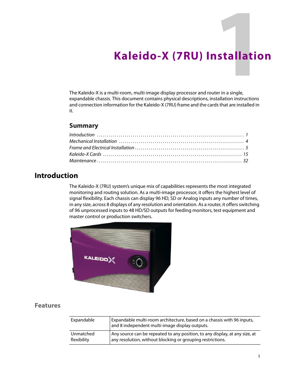 Kaleido-x (7ru) installation, Introduction, Features | 1 kaleido-x (7ru) installation | Grass Valley Kaleido-X (7RU) v.7.70 User Manual | Page 13 / 97