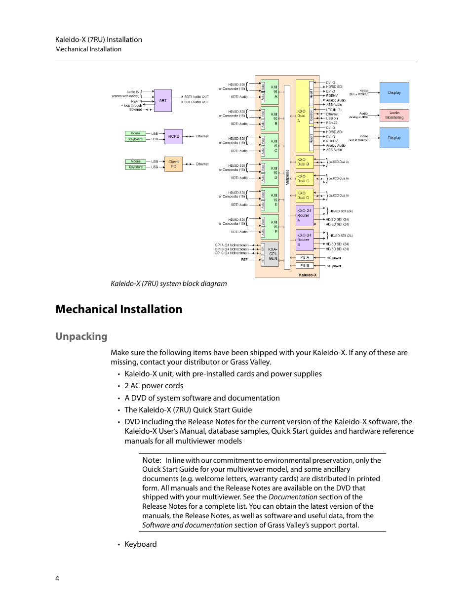 Mechanical installation, Unpacking | Grass Valley Kaleido-X (7RU) v.7.70 User Manual | Page 16 / 97