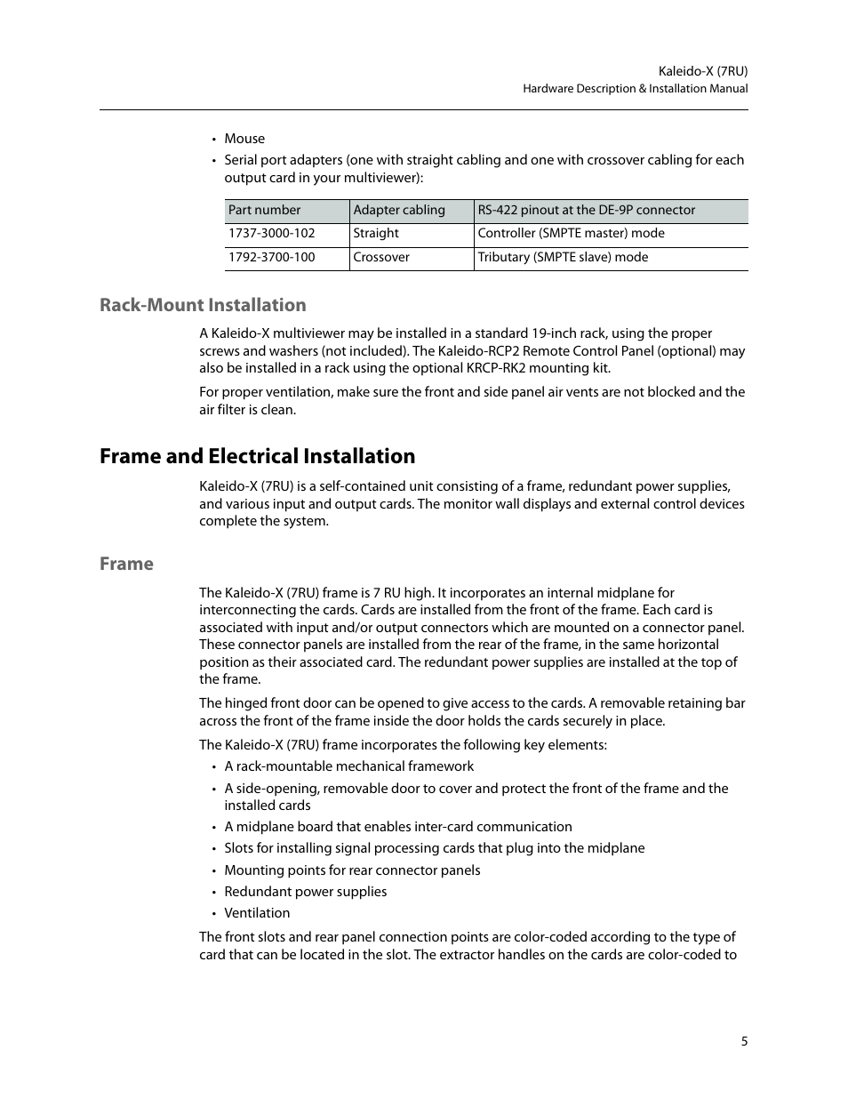 Rack-mount installation, Frame and electrical installation, Frame | Grass Valley Kaleido-X (7RU) v.7.70 User Manual | Page 17 / 97