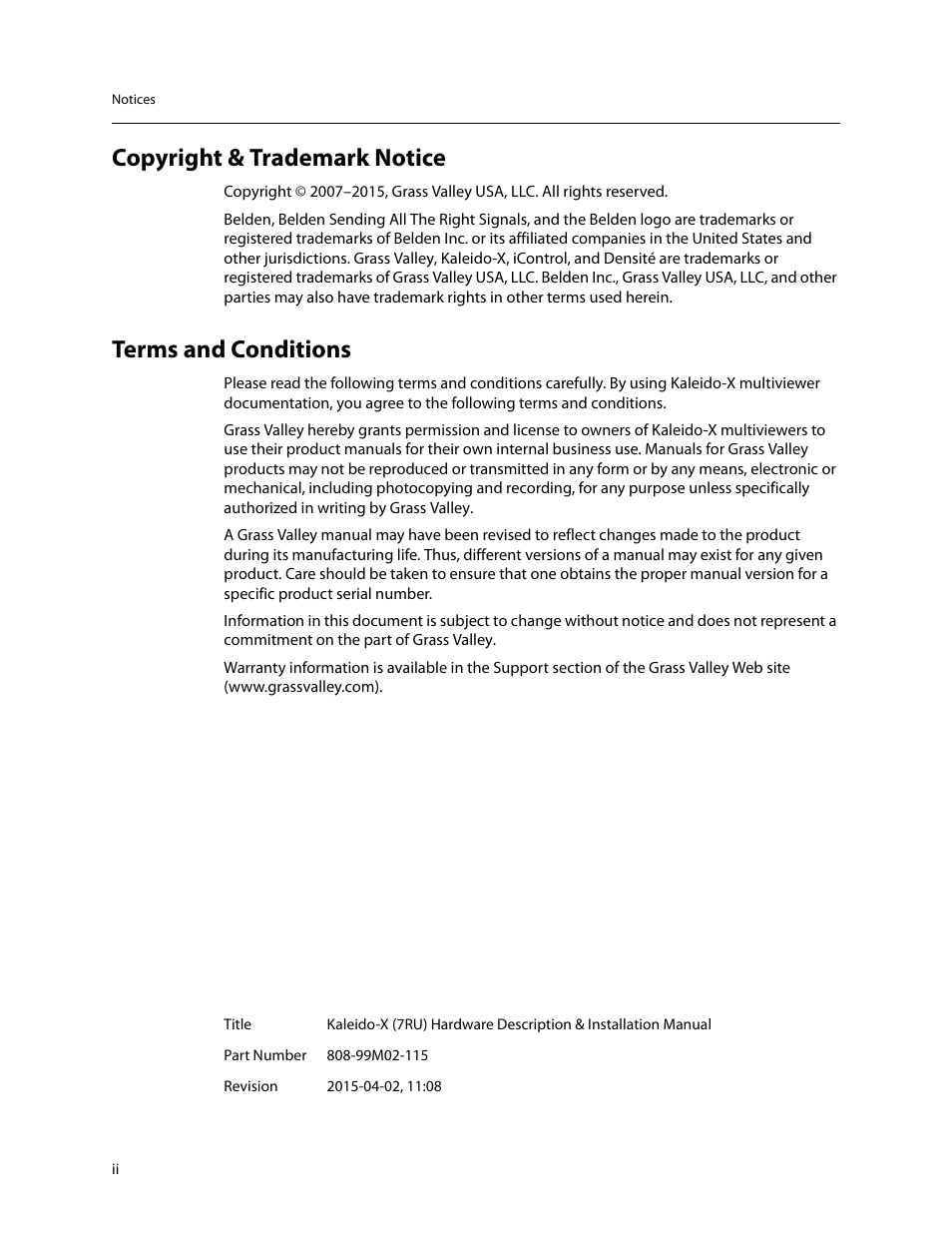 Copyright & trademark notice, Terms and conditions | Grass Valley Kaleido-X (7RU) v.7.70 User Manual | Page 2 / 97