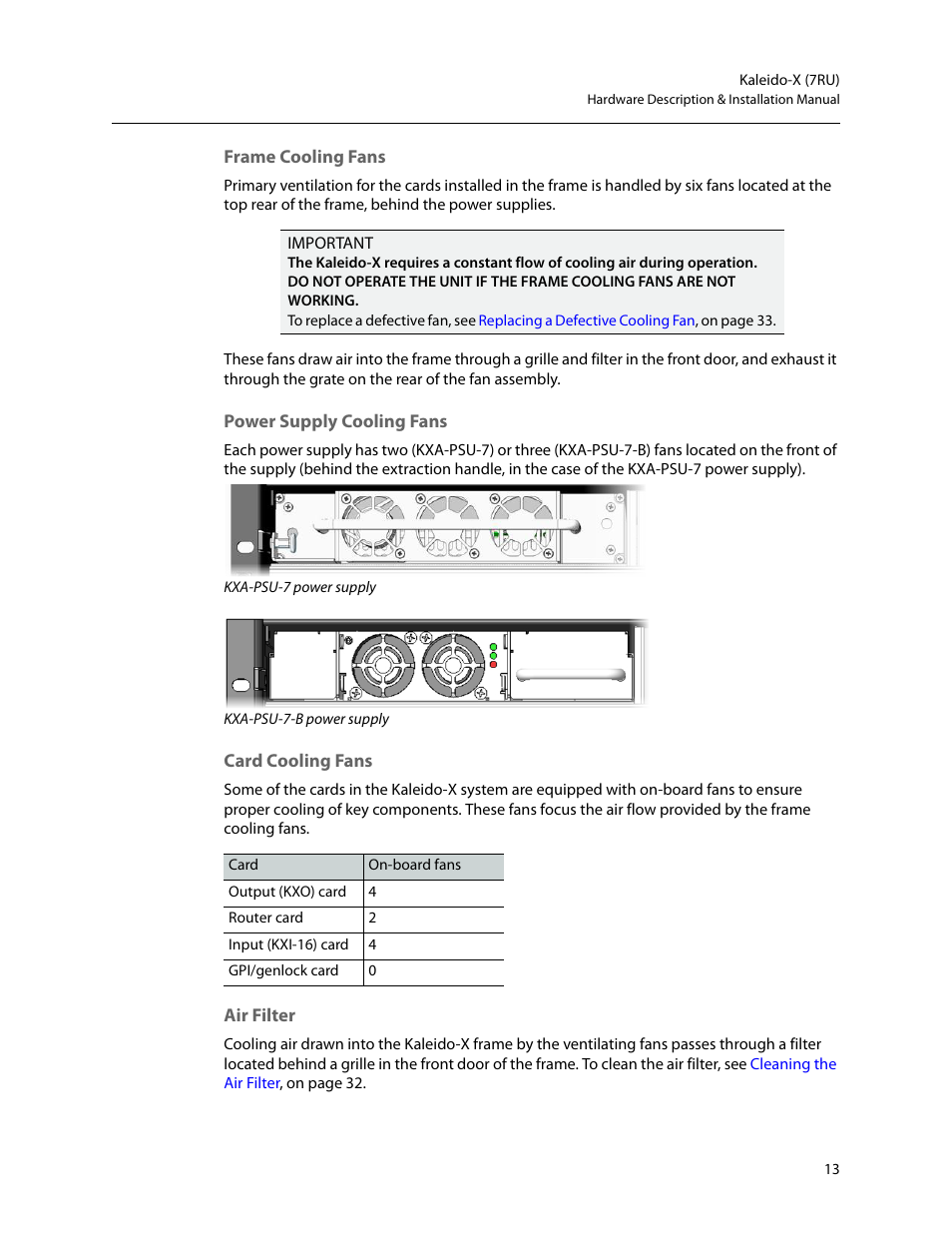 Frame cooling fans, Power supply cooling fans, Card cooling fans | Air filter | Grass Valley Kaleido-X (7RU) v.7.70 User Manual | Page 25 / 97