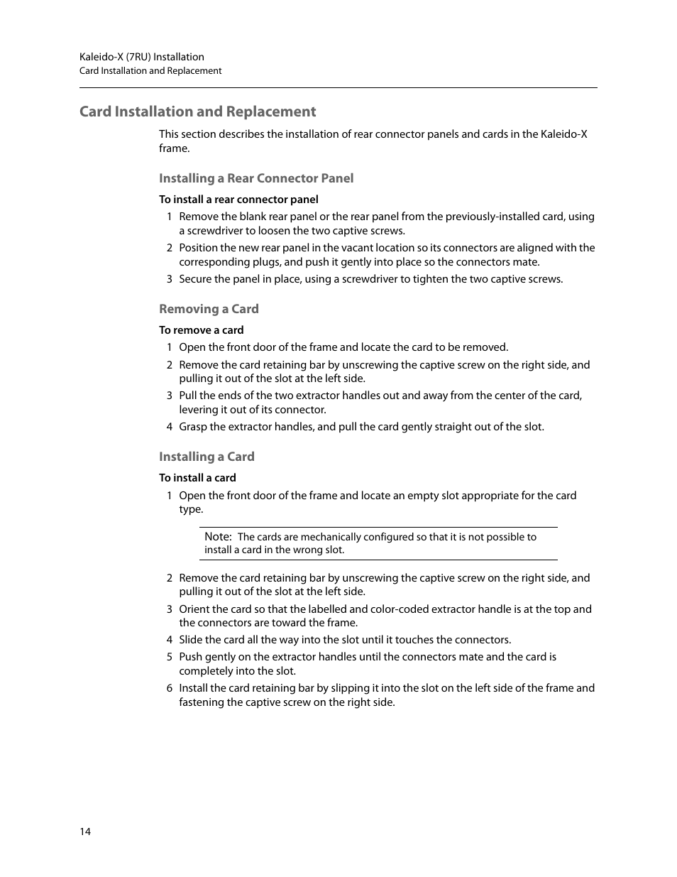 Card installation and replacement, Installing a rear connector panel, Removing a card | Installing a card | Grass Valley Kaleido-X (7RU) v.7.70 User Manual | Page 26 / 97