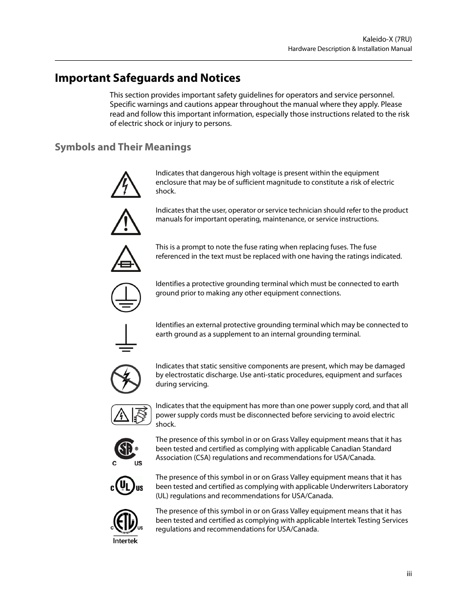 Important safeguards and notices, Symbols and their meanings | Grass Valley Kaleido-X (7RU) v.7.70 User Manual | Page 3 / 97