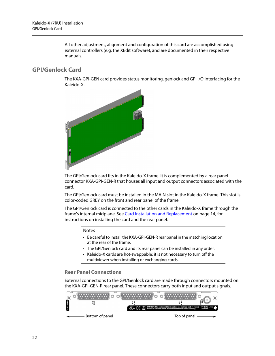 Gpi/genlock card, Rear panel connections | Grass Valley Kaleido-X (7RU) v.7.70 User Manual | Page 34 / 97
