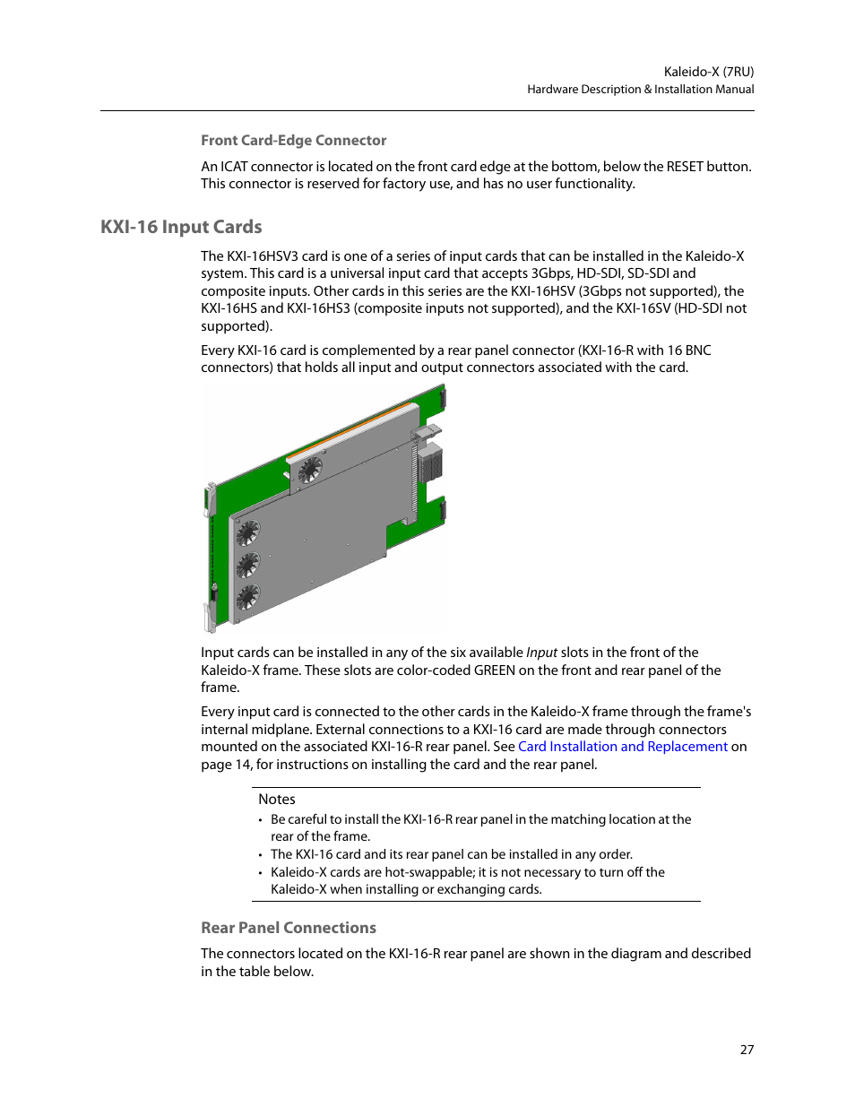 Front card-edge connector, Kxi-16 input cards, Rear panel connections | Grass Valley Kaleido-X (7RU) v.7.70 User Manual | Page 39 / 97