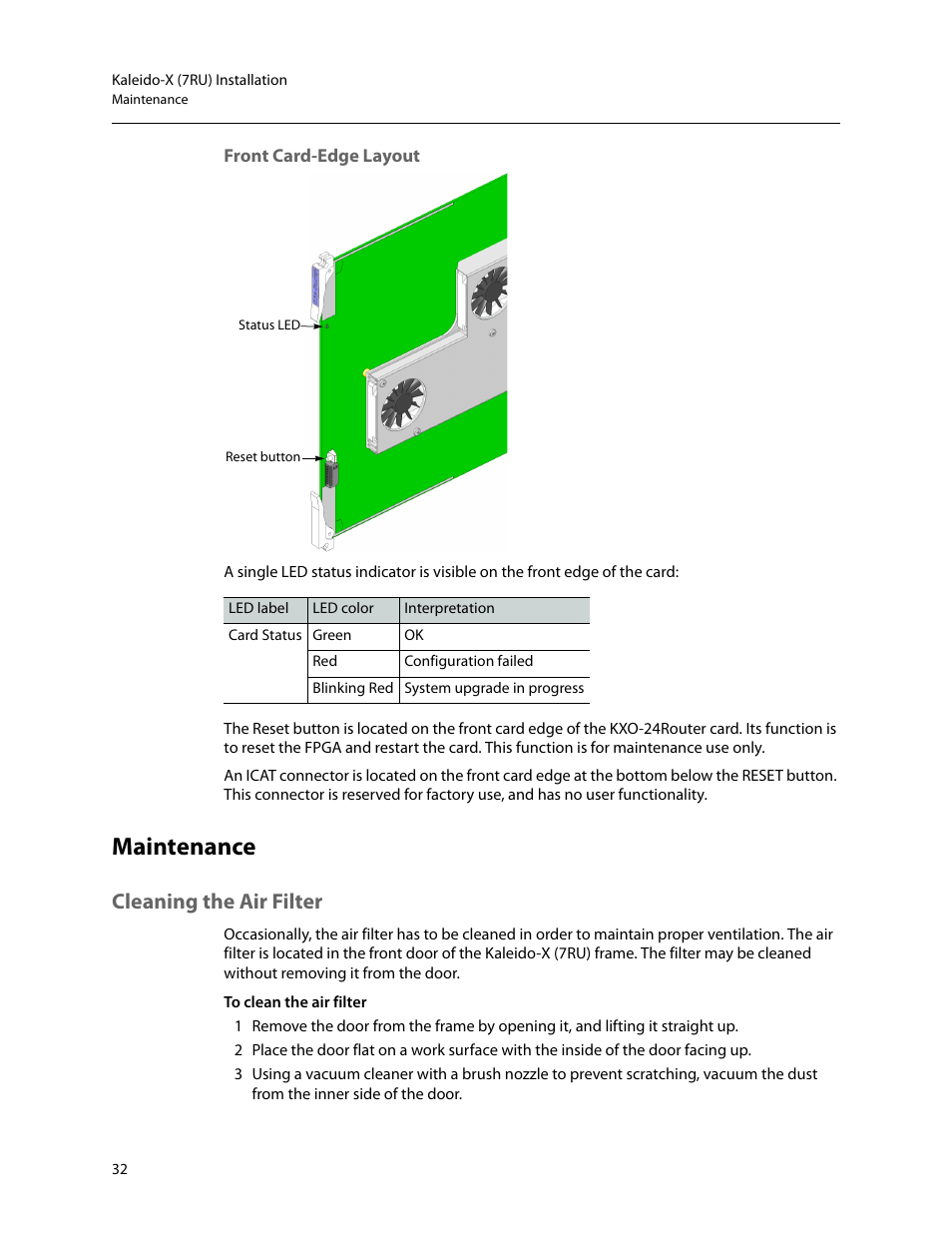 Front card-edge layout, Maintenance, Cleaning the air filter | Cleaning the, Air filter | Grass Valley Kaleido-X (7RU) v.7.70 User Manual | Page 44 / 97