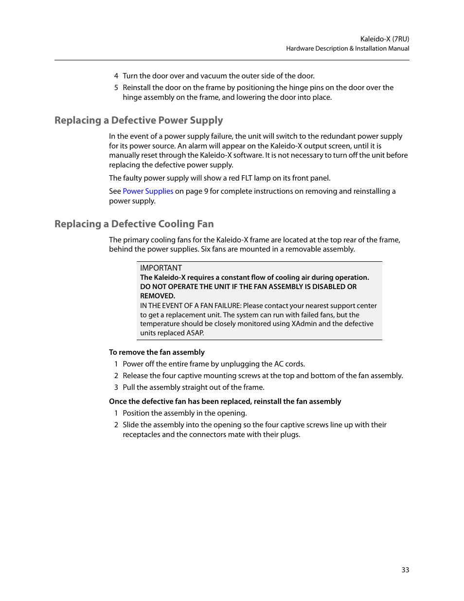 Replacing a defective power supply, Replacing a defective cooling fan | Grass Valley Kaleido-X (7RU) v.7.70 User Manual | Page 45 / 97