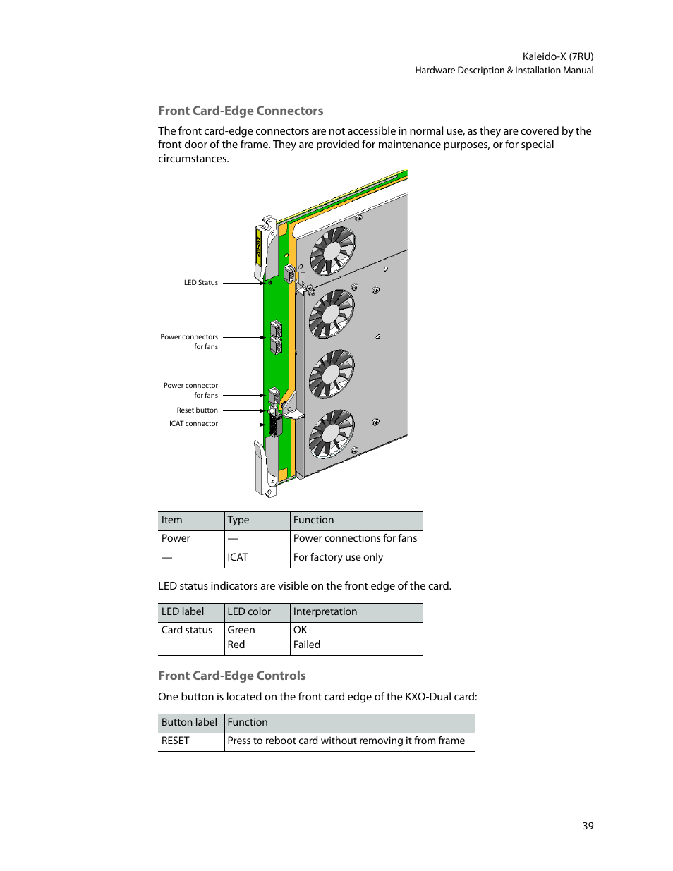 Front card-edge connectors, Front card-edge controls | Grass Valley Kaleido-X (7RU) v.7.70 User Manual | Page 51 / 97