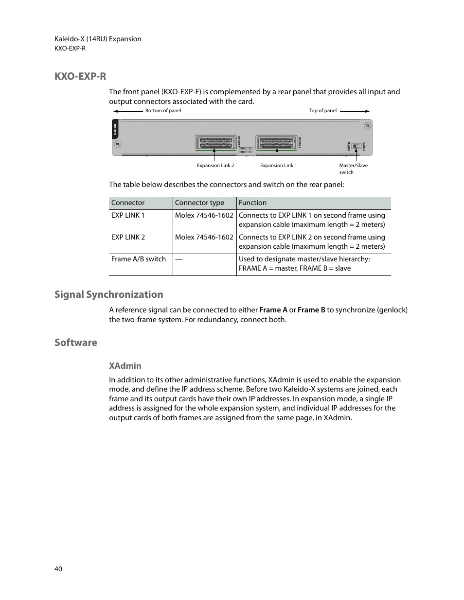 Kxo-exp-r, Signal synchronization, Software | Xadmin, Panel (see | Grass Valley Kaleido-X (7RU) v.7.70 User Manual | Page 52 / 97