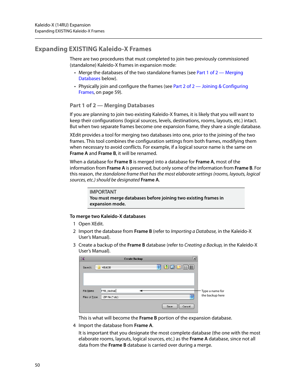 Expanding existing kaleido-x frames, Part 1 of 2 — merging databases, Expanding existing | Kaleido-x frames | Grass Valley Kaleido-X (7RU) v.7.70 User Manual | Page 62 / 97