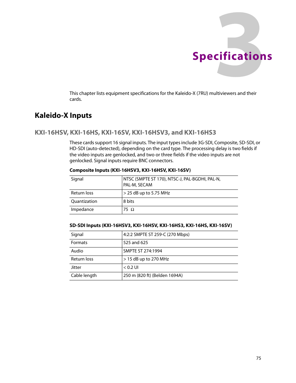 Specifications, Kaleido-x inputs, 3 specifications | Grass Valley Kaleido-X (7RU) v.7.70 User Manual | Page 87 / 97