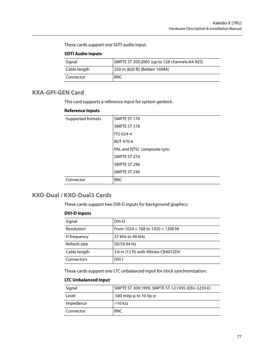 Kxa-gpi-gen card, Kxo-dual / kxo-dual3 cards | Grass Valley Kaleido-X (7RU) v.7.70 User Manual | Page 89 / 97