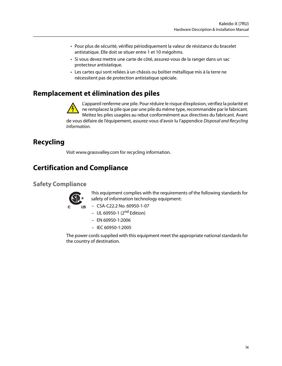 Remplacement et élimination des piles, Recycling, Certification and compliance | Safety compliance | Grass Valley Kaleido-X (7RU) v.7.70 User Manual | Page 9 / 97