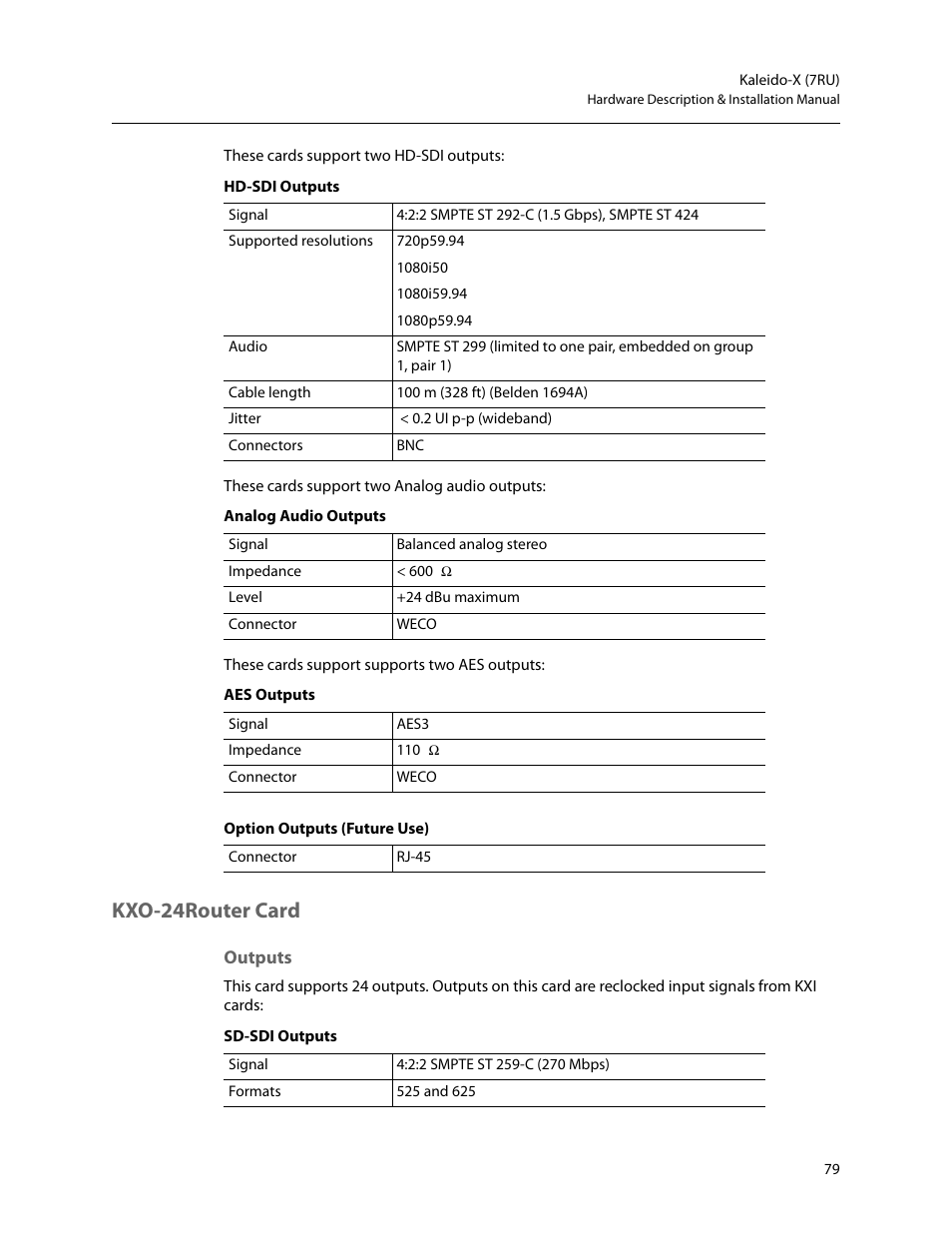 Kxo-24router card, Outputs | Grass Valley Kaleido-X (7RU) v.7.70 User Manual | Page 91 / 97